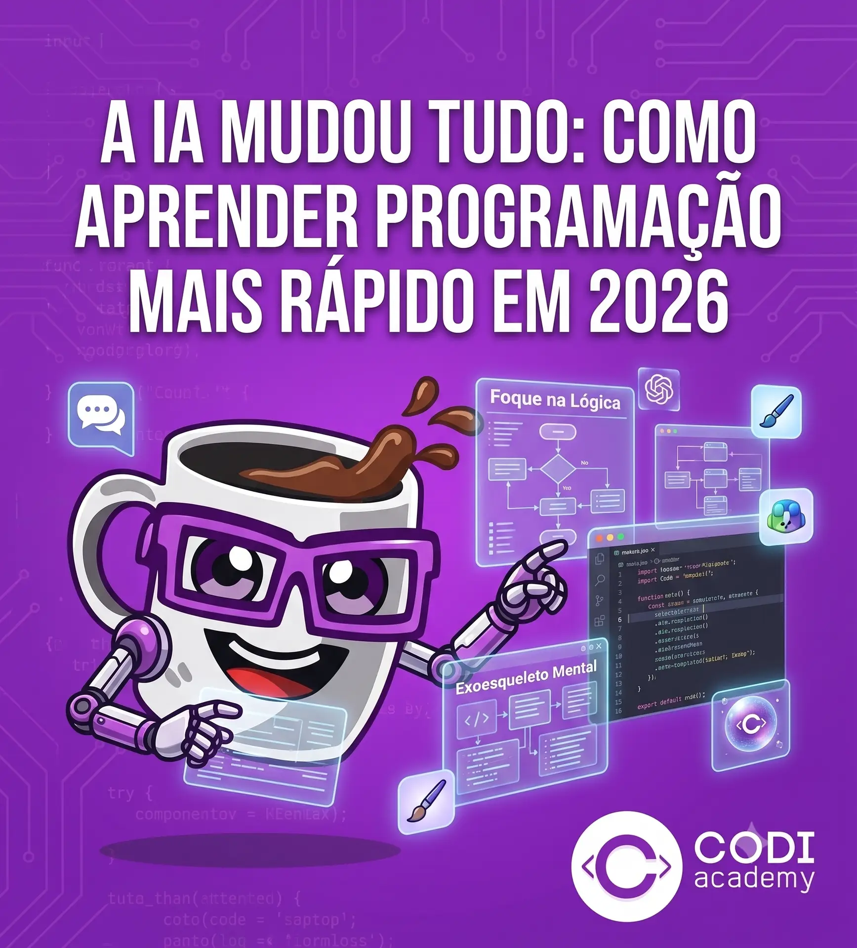 Mascote da Codi Academy aprendendo programação com Inteligência Artificial. Texto em destaque: A IA mudou tudo: Como aprender programação mais rápido em 2026. Telas holográficas mostram códigos e lógica de programação.