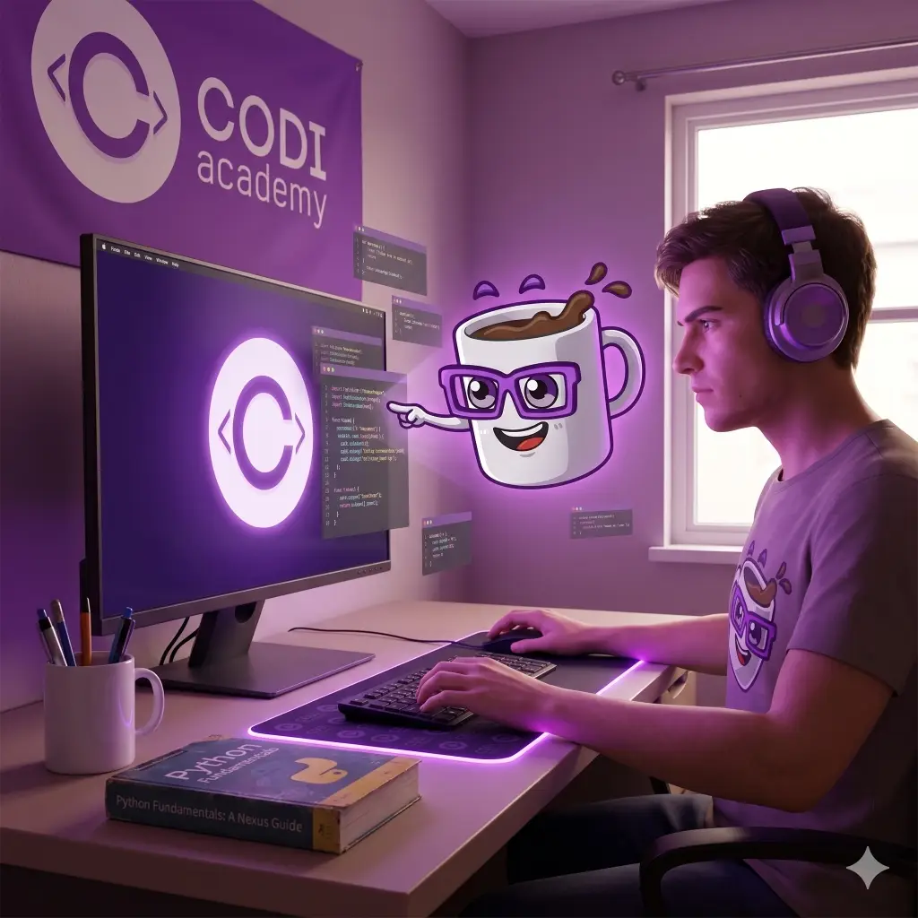 Jovem sorridente aprendendo programação no computador com a ajuda de um assistente virtual holográfico de inteligência artificial, representando o Nexus da Codi Academy.