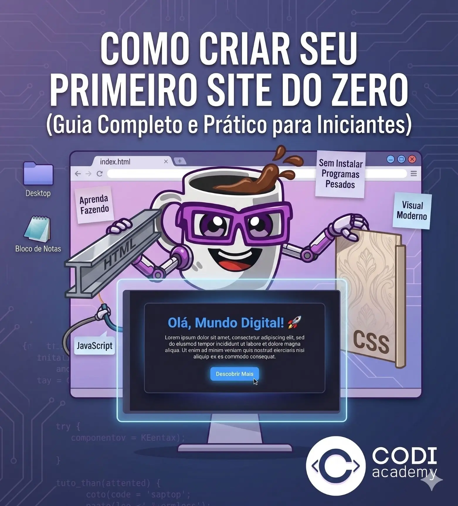 Mascote da Codi Academy construindo uma página web segurando uma viga de HTML e um rolo de textura CSS, com um monitor exibindo o site pronto. Texto em destaque: Como criar seu primeiro site do zero (Guia Completo e Prático para Iniciantes).