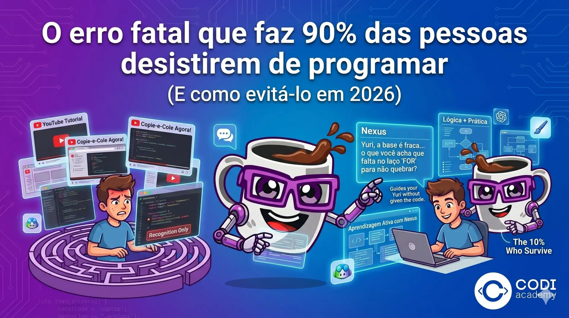 Ilustração dividida em duas partes mostrando o aprendizado de programação. À esquerda, o estudante Yuri frustrado e preso em um labirinto de vídeos (Tutorial Hell) apenas copiando códigos. À direita, Yuri sorridente aprendendo de forma ativa com o mascote Nexus da Codi Academy, focado em lógica e prática. Texto em destaque: O erro fatal que faz 90% das pessoas desistirem de programar (E como evitá-lo em 2026).