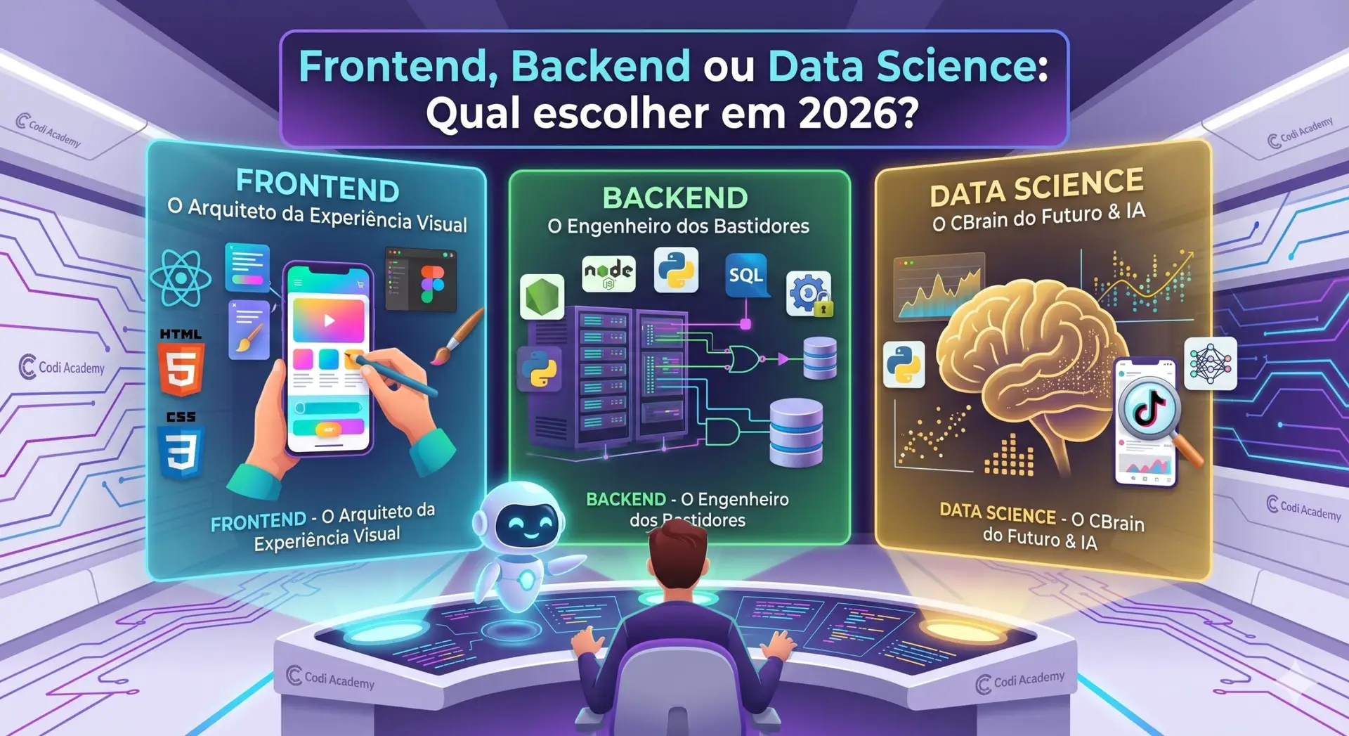 Ilustração de um estudante sentado diante de um painel de controle futurista, sendo guiado pelo mascote Nexus da Codi Academy. À sua frente, há três telas holográficas representando áreas da tecnologia: Frontend (celular e ferramentas de design), Backend (servidores e bancos de dados) e Data Science (um cérebro conectado a gráficos de IA). Texto em destaque: Frontend, Backend ou Data Science: Qual escolher em 2026?