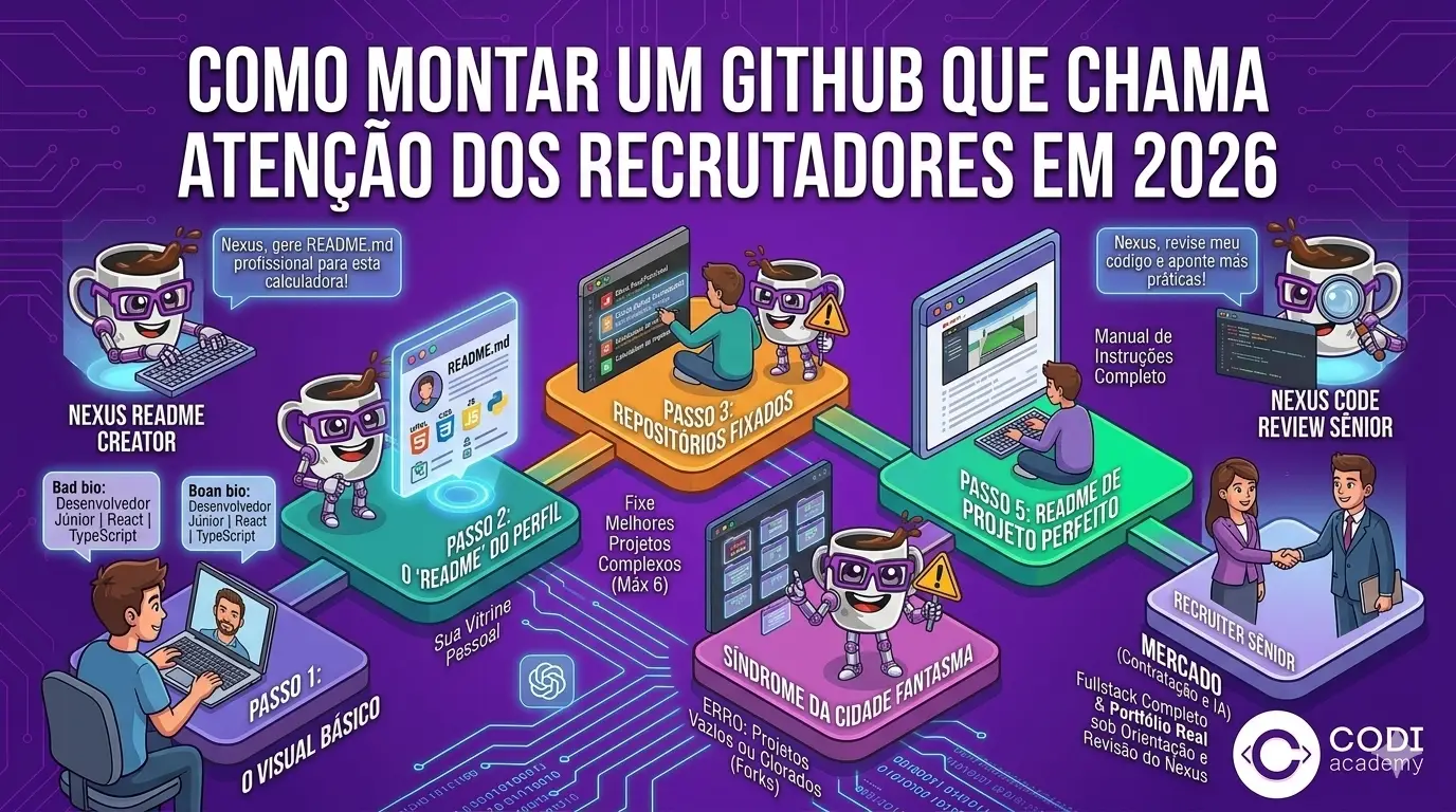 Infográfico em formato de trilha mostrando o passo a passo para desenvolvedores montarem um perfil no GitHub que atraia recrutadores tech em 2026. O mapa ilustra 5 etapas: configuração do visual básico (foto e bio), criação do README do perfil, escolha dos repositórios fixados, alerta contra a síndrome da cidade fantasma (projetos vazios) e a criação do README de projeto perfeito. A mascote de IA Nexus, da Codi Academy, aparece auxiliando na documentação e revisão de código, culminando em um aperto de mãos com um recrutador sênior.