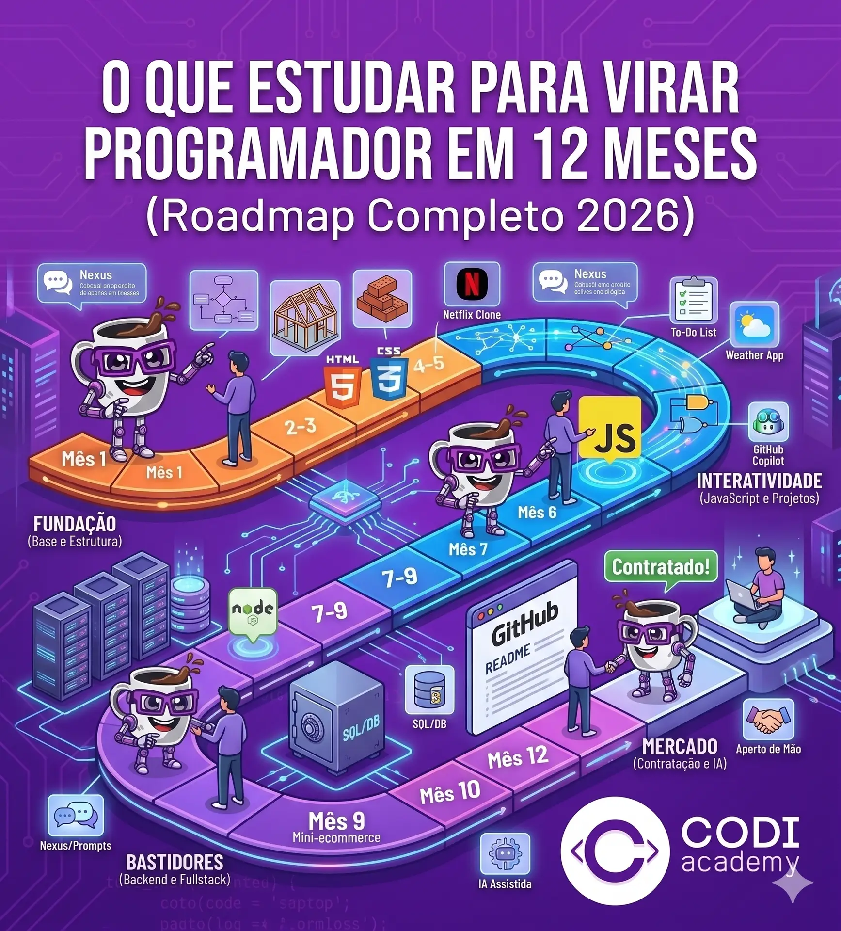 Mascote da Codi Academy guiando um estudante por um caminho ilustrado que representa um mapa de estudos de 12 meses para programação, passando por ícones de HTML, CSS, JavaScript, Banco de Dados, GitHub e IA. Texto em destaque: O que estudar para virar programador em 12 meses (Roadmap Completo 2026).