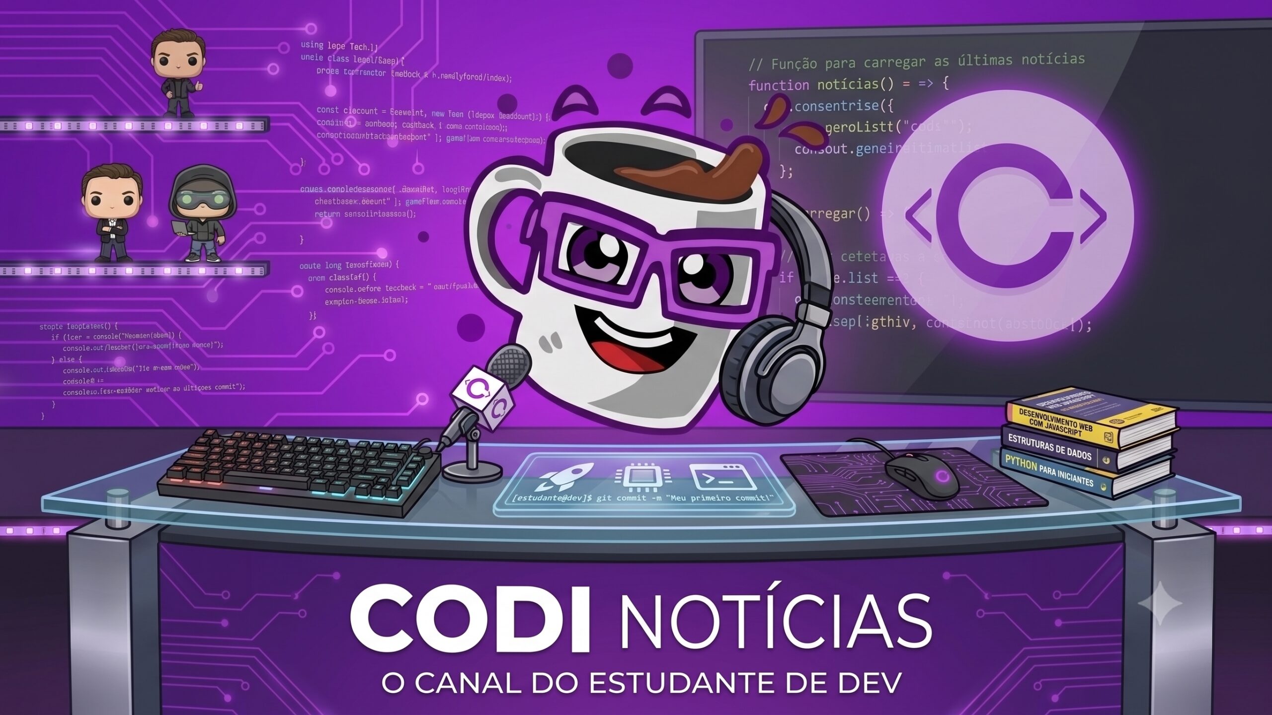 Mascote Nexus em forma de caneca de café com óculos roxos e fones de ouvido, atuando como jornalista de tecnologia em uma bancada de vidro com teclado gamer, mouse, livros de código e microfone. Ao fundo, telas com código-fonte e o logo da Codi Academy em um estúdio com iluminação roxa. Na frente da bancada lê-se "CODI NOTÍCIAS - O canal do estudante de dev".