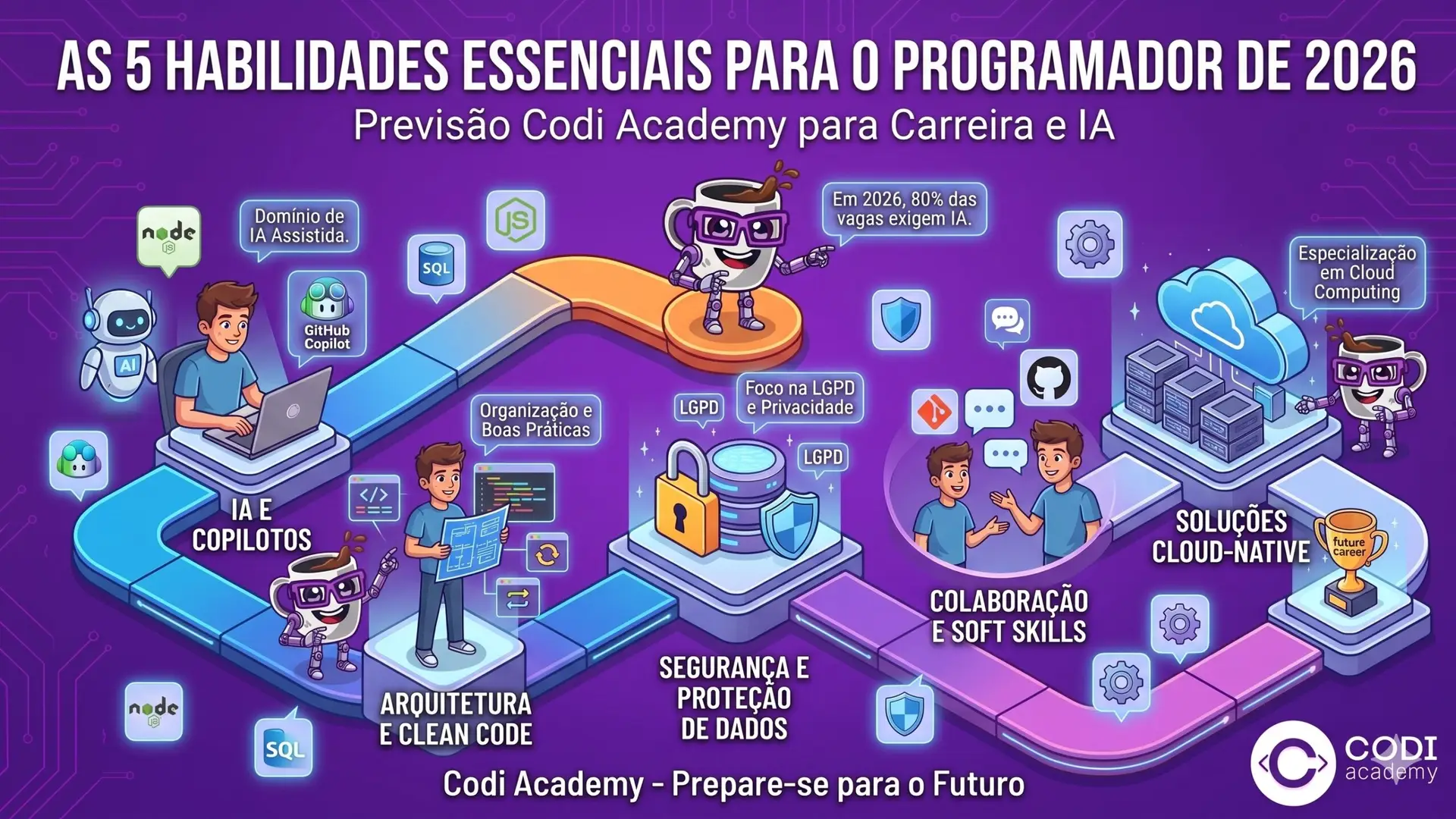 Um infográfico ilustrado da Codi Academy intitulado "As 5 Habilidades Essenciais para o Programador de 2026", que apresenta um roteiro numerado: 1. IA e Copilotos (Domínio de IA Assistida e GitHub Copilot), 2. Arquitetura e Clean Code (Organização e Boas Práticas), 3. Segurança e Proteção de Dados (Foco na LGPD e Privacidade), 4. Colaboração e Soft Skills, 5. Soluções Cloud-Native (Especialização em Cloud Computing). A imagem inclui o mascote robô-caneca da Codi Academy e a estatística "Em 2026, 80% das vagas exigem IA."