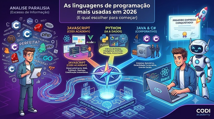 Infográfico ilustrando a escolha da primeira linguagem de programação. À esquerda, um estudante confuso cercado por várias linguagens (C++, Ruby, PHP). No centro, uma bússola brilhante apoiada na base sólida da "Lógica de Programação", que se divide em três caminhos de carreira: JavaScript (Foco Web e Fullstack da Codi Academy), Python (Ciência de Dados e IA) e Java/C# (Sistemas Corporativos). À direita, o estudante aparece programando feliz ao lado da mascote de IA Nexus, comemorando a conquista do seu primeiro emprego tech.