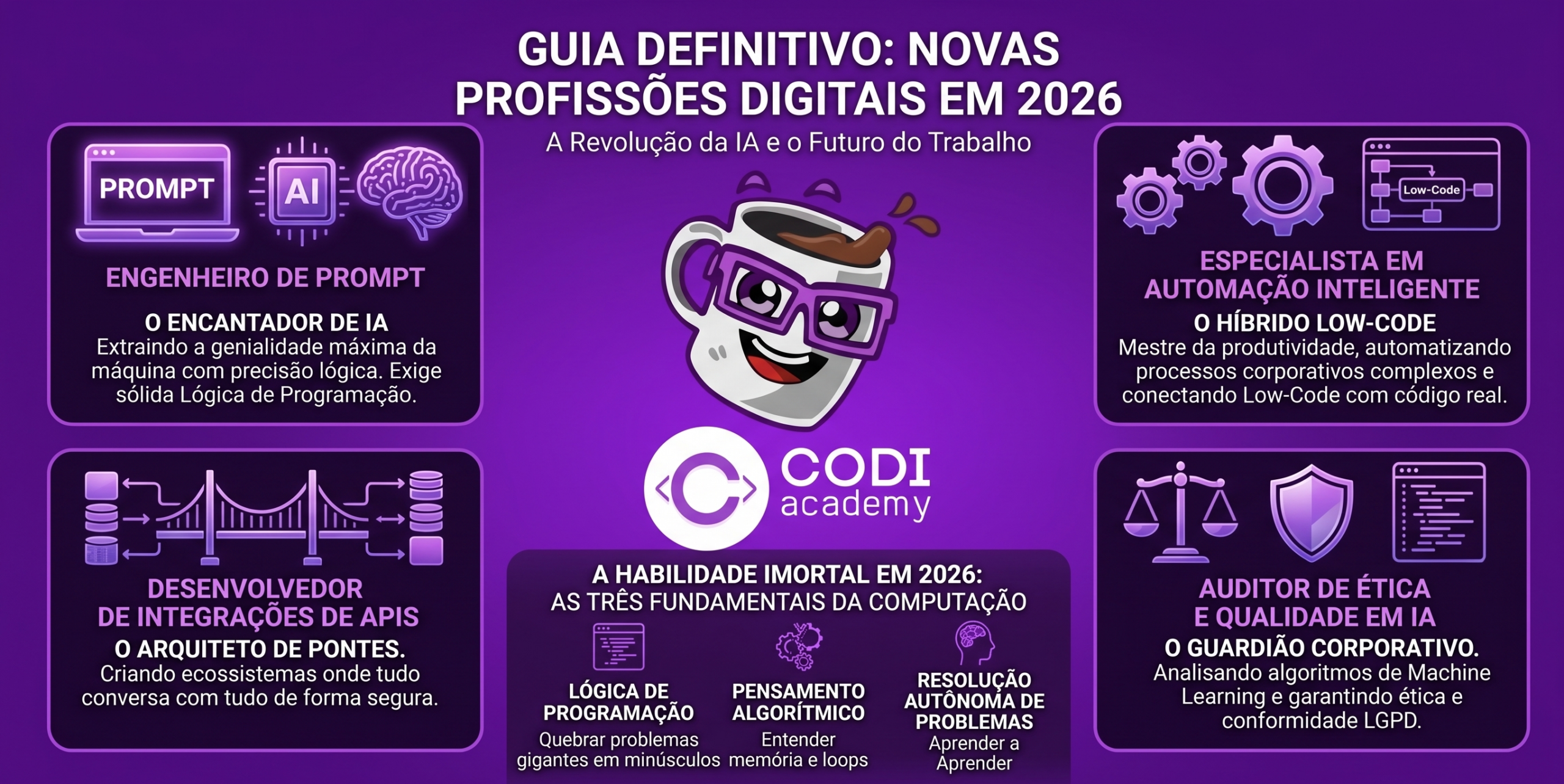 Infográfico da Codi Academy com fundo roxo detalhando as novas profissões digitais de 2026. No centro, o mascote educacional Nexus (uma caneca animada usando óculos roxos) acima do logotipo da Codi Academy. Ao redor, quatro quadros descrevem as carreiras: Engenheiro de Prompt, Especialista em Automação Inteligente, Desenvolvedor de Integrações de APIs e Auditor de Ética e Qualidade em IA. Na parte central inferior, destacam-se as três habilidades fundamentais da computação.