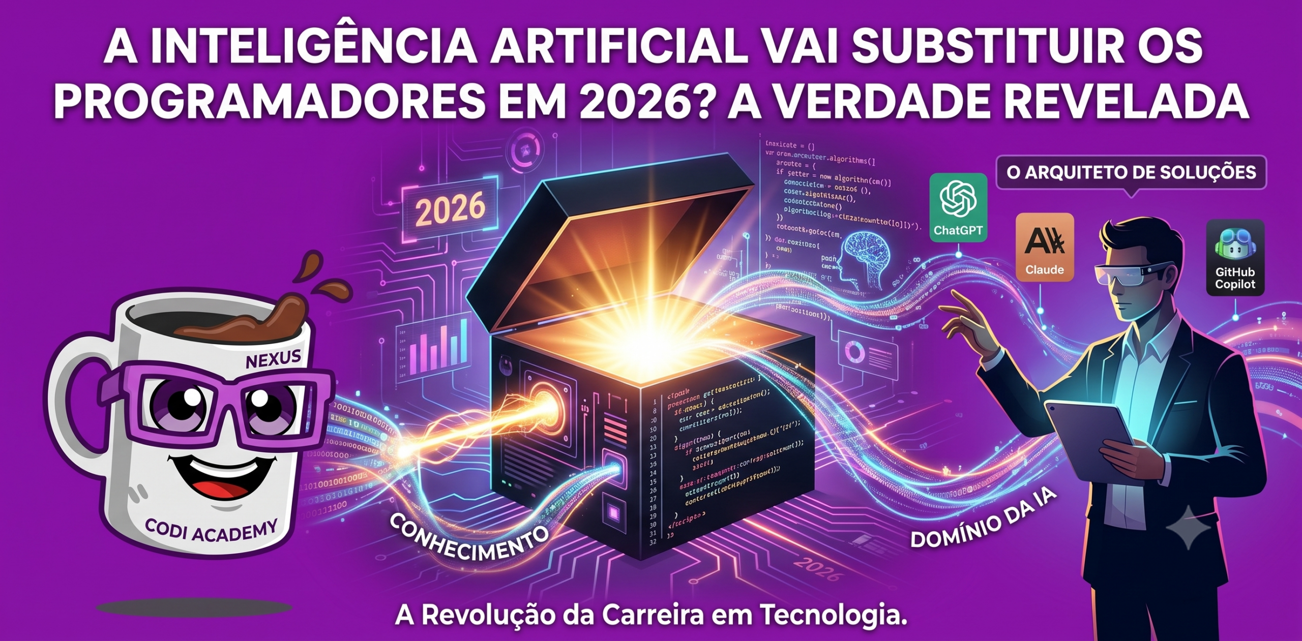 Capa de blog futurista para Codi Academy com o título: "A Inteligência Artificial vai substituir os programadores em 2026? A Verdade Revelada". Apresenta uma caneca de café nerd (Nexus) à esquerda e um programador futurista com óculos de realidade aumentada à direita gerenciando fluxos de dados de IA e ferramentas como ChatGPT, Claude e GitHub Copilot.
