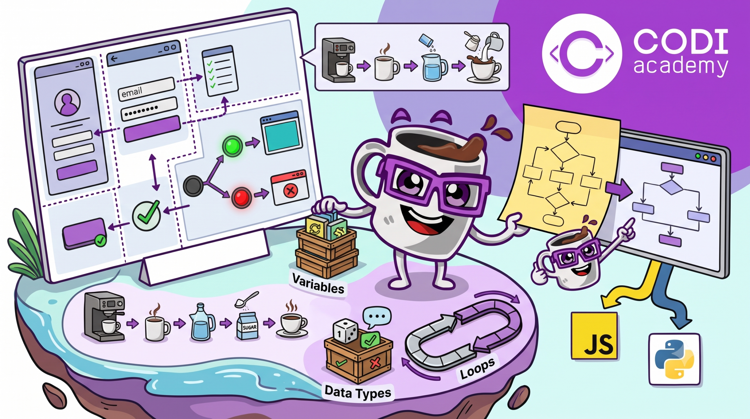 Infográfico ilustrado de conceitos de lógica de programação e algoritmos do dia a dia, com uma caneca de café antropomórfica da CODI Academy e visualizações de variáveis, tipos de dados, loops, fluxogramas, design de UI e logotipos de JavaScript e Python em um mundo flutuante.