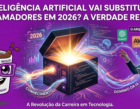 Capa de blog futurista para Codi Academy com o título: "A Inteligência Artificial vai substituir os programadores em 2026? A Verdade Revelada". Apresenta uma caneca de café nerd (Nexus) à esquerda e um programador futurista com óculos de realidade aumentada à direita gerenciando fluxos de dados de IA e ferramentas como ChatGPT, Claude e GitHub Copilot.