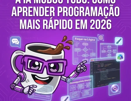 Mascote da Codi Academy aprendendo programação com Inteligência Artificial. Texto em destaque: A IA mudou tudo: Como aprender programação mais rápido em 2026. Telas holográficas mostram códigos e lógica de programação.