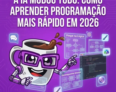 Mascote da Codi Academy aprendendo programação com Inteligência Artificial. Texto em destaque: A IA mudou tudo: Como aprender programação mais rápido em 2026. Telas holográficas mostram códigos e lógica de programação.