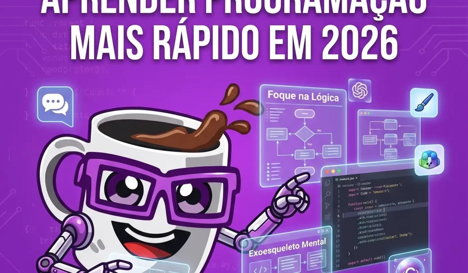Mascote da Codi Academy aprendendo programação com Inteligência Artificial. Texto em destaque: A IA mudou tudo: Como aprender programação mais rápido em 2026. Telas holográficas mostram códigos e lógica de programação.