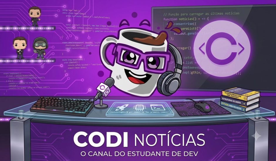 Mascote Nexus em forma de caneca de café com óculos roxos e fones de ouvido, atuando como jornalista de tecnologia em uma bancada de vidro com teclado gamer, mouse, livros de código e microfone. Ao fundo, telas com código-fonte e o logo da Codi Academy em um estúdio com iluminação roxa. Na frente da bancada lê-se "CODI NOTÍCIAS - O canal do estudante de dev".