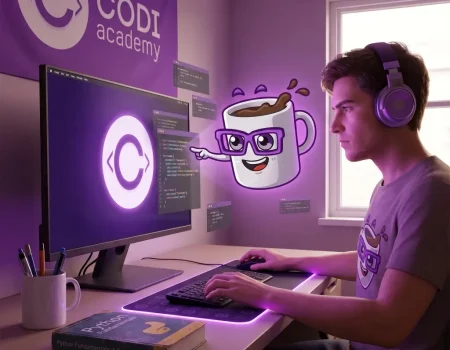 Jovem sorridente aprendendo programação no computador com a ajuda de um assistente virtual holográfico de inteligência artificial, representando o Nexus da Codi Academy.
