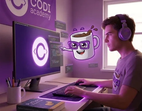 Jovem sorridente aprendendo programação no computador com a ajuda de um assistente virtual holográfico de inteligência artificial, representando o Nexus da Codi Academy.