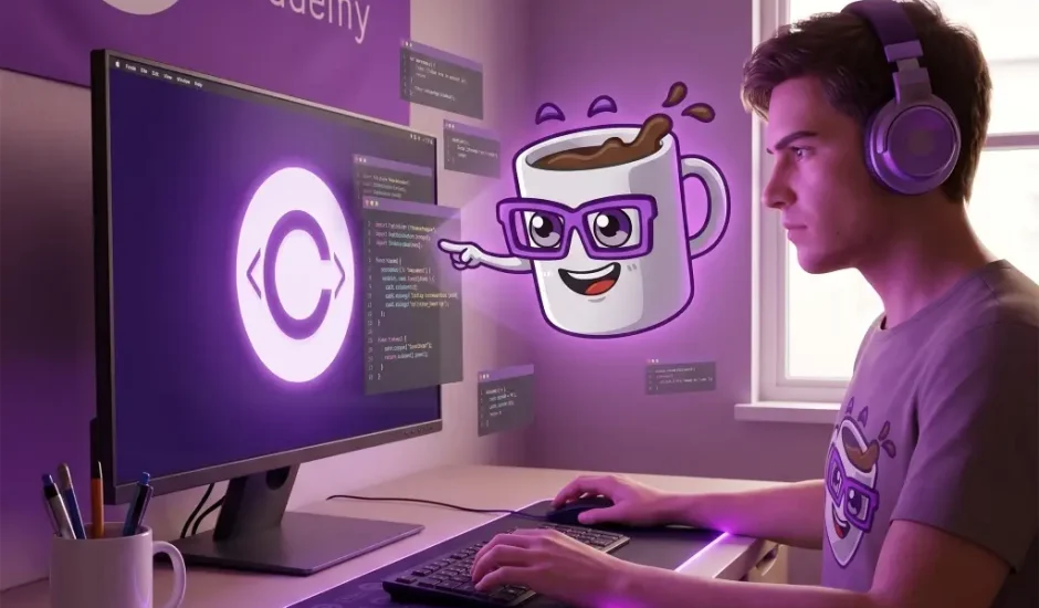 Jovem sorridente aprendendo programação no computador com a ajuda de um assistente virtual holográfico de inteligência artificial, representando o Nexus da Codi Academy.
