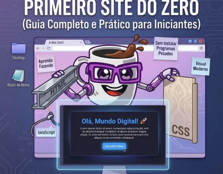 Mascote da Codi Academy construindo uma página web segurando uma viga de HTML e um rolo de textura CSS, com um monitor exibindo o site pronto. Texto em destaque: Como criar seu primeiro site do zero (Guia Completo e Prático para Iniciantes).
