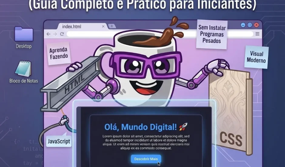 Mascote da Codi Academy construindo uma página web segurando uma viga de HTML e um rolo de textura CSS, com um monitor exibindo o site pronto. Texto em destaque: Como criar seu primeiro site do zero (Guia Completo e Prático para Iniciantes).