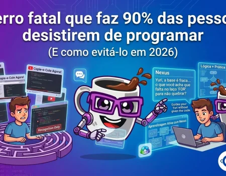 Ilustração dividida em duas partes mostrando o aprendizado de programação. À esquerda, o estudante Yuri frustrado e preso em um labirinto de vídeos (Tutorial Hell) apenas copiando códigos. À direita, Yuri sorridente aprendendo de forma ativa com o mascote Nexus da Codi Academy, focado em lógica e prática. Texto em destaque: O erro fatal que faz 90% das pessoas desistirem de programar (E como evitá-lo em 2026).