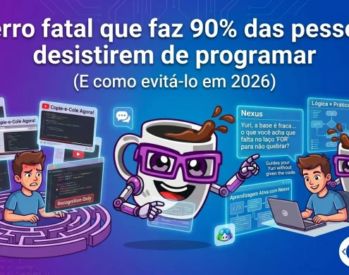 Ilustração dividida em duas partes mostrando o aprendizado de programação. À esquerda, o estudante Yuri frustrado e preso em um labirinto de vídeos (Tutorial Hell) apenas copiando códigos. À direita, Yuri sorridente aprendendo de forma ativa com o mascote Nexus da Codi Academy, focado em lógica e prática. Texto em destaque: O erro fatal que faz 90% das pessoas desistirem de programar (E como evitá-lo em 2026).