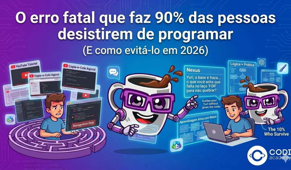 Ilustração dividida em duas partes mostrando o aprendizado de programação. À esquerda, o estudante Yuri frustrado e preso em um labirinto de vídeos (Tutorial Hell) apenas copiando códigos. À direita, Yuri sorridente aprendendo de forma ativa com o mascote Nexus da Codi Academy, focado em lógica e prática. Texto em destaque: O erro fatal que faz 90% das pessoas desistirem de programar (E como evitá-lo em 2026).