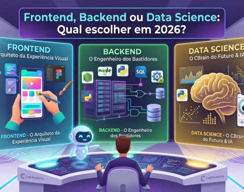 Ilustração de um estudante sentado diante de um painel de controle futurista, sendo guiado pelo mascote Nexus da Codi Academy. À sua frente, há três telas holográficas representando áreas da tecnologia: Frontend (celular e ferramentas de design), Backend (servidores e bancos de dados) e Data Science (um cérebro conectado a gráficos de IA). Texto em destaque: Frontend, Backend ou Data Science: Qual escolher em 2026?