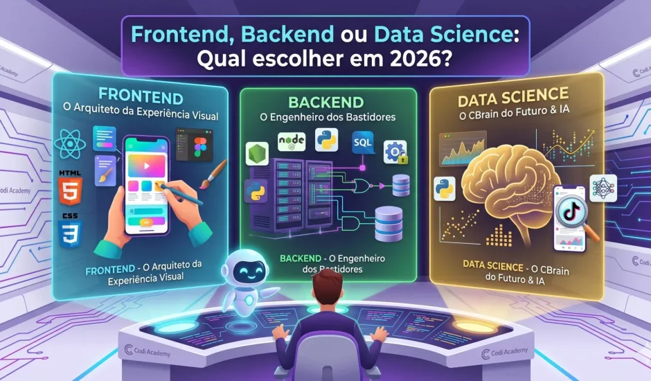 Ilustração de um estudante sentado diante de um painel de controle futurista, sendo guiado pelo mascote Nexus da Codi Academy. À sua frente, há três telas holográficas representando áreas da tecnologia: Frontend (celular e ferramentas de design), Backend (servidores e bancos de dados) e Data Science (um cérebro conectado a gráficos de IA). Texto em destaque: Frontend, Backend ou Data Science: Qual escolher em 2026?