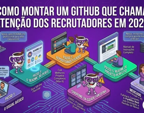 Infográfico em formato de trilha mostrando o passo a passo para desenvolvedores montarem um perfil no GitHub que atraia recrutadores tech em 2026. O mapa ilustra 5 etapas: configuração do visual básico (foto e bio), criação do README do perfil, escolha dos repositórios fixados, alerta contra a síndrome da cidade fantasma (projetos vazios) e a criação do README de projeto perfeito. A mascote de IA Nexus, da Codi Academy, aparece auxiliando na documentação e revisão de código, culminando em um aperto de mãos com um recrutador sênior.