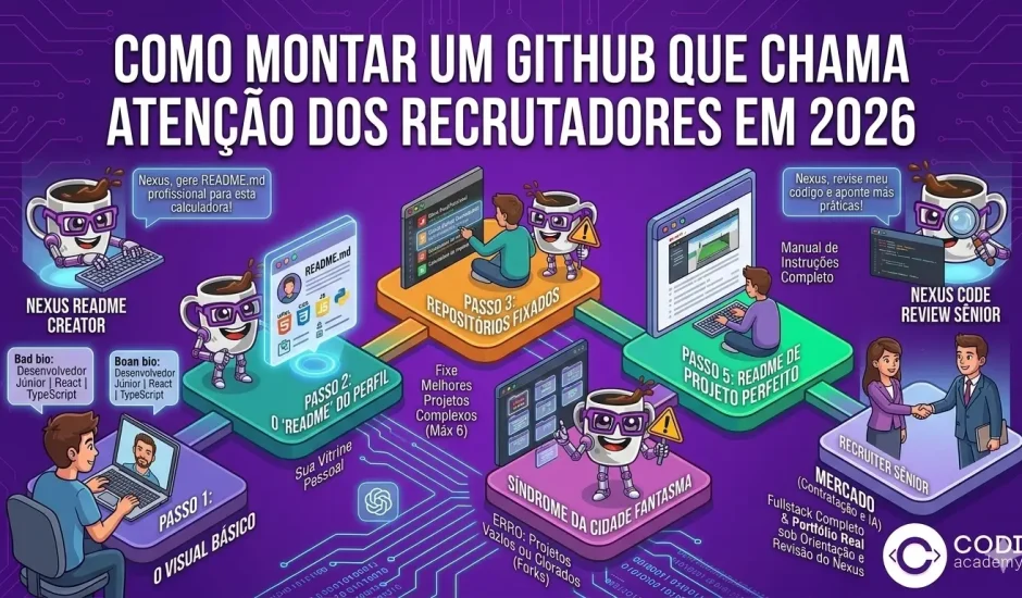 Infográfico em formato de trilha mostrando o passo a passo para desenvolvedores montarem um perfil no GitHub que atraia recrutadores tech em 2026. O mapa ilustra 5 etapas: configuração do visual básico (foto e bio), criação do README do perfil, escolha dos repositórios fixados, alerta contra a síndrome da cidade fantasma (projetos vazios) e a criação do README de projeto perfeito. A mascote de IA Nexus, da Codi Academy, aparece auxiliando na documentação e revisão de código, culminando em um aperto de mãos com um recrutador sênior.