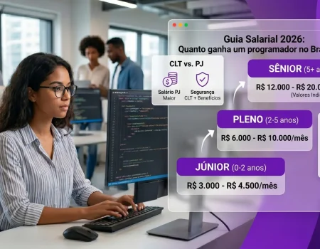 Infográfico detalhado sobre a faixa salarial de programadores no Brasil em 2026, com escada de senioridade (Júnior, Pleno, Sênior), comparação CLT vs. PJ, e o efeito gringo de ganhar em dólar, sobreposto a uma foto de uma programadora da Codi Academy trabalhando em um escritório moderno.