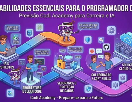 Um infográfico ilustrado da Codi Academy intitulado "As 5 Habilidades Essenciais para o Programador de 2026", que apresenta um roteiro numerado: 1. IA e Copilotos (Domínio de IA Assistida e GitHub Copilot), 2. Arquitetura e Clean Code (Organização e Boas Práticas), 3. Segurança e Proteção de Dados (Foco na LGPD e Privacidade), 4. Colaboração e Soft Skills, 5. Soluções Cloud-Native (Especialização em Cloud Computing). A imagem inclui o mascote robô-caneca da Codi Academy e a estatística "Em 2026, 80% das vagas exigem IA."