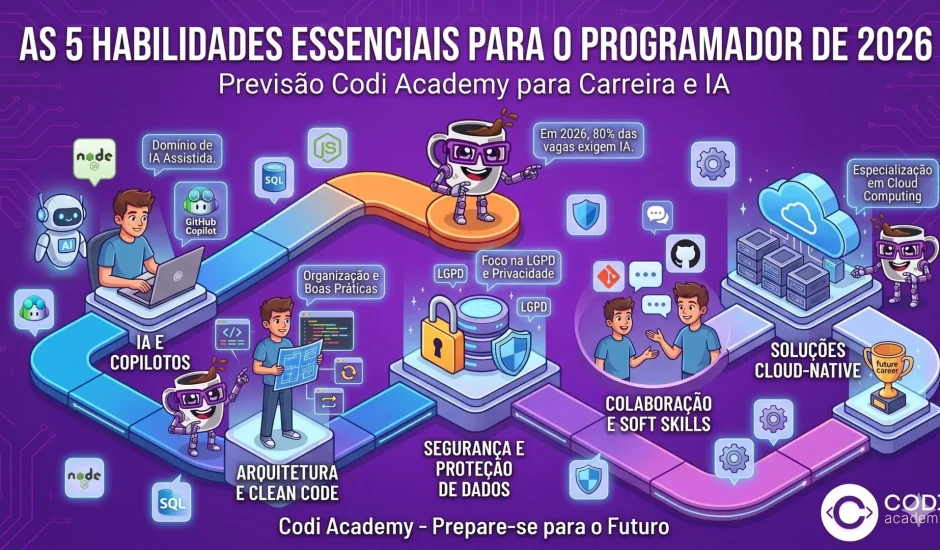 Um infográfico ilustrado da Codi Academy intitulado "As 5 Habilidades Essenciais para o Programador de 2026", que apresenta um roteiro numerado: 1. IA e Copilotos (Domínio de IA Assistida e GitHub Copilot), 2. Arquitetura e Clean Code (Organização e Boas Práticas), 3. Segurança e Proteção de Dados (Foco na LGPD e Privacidade), 4. Colaboração e Soft Skills, 5. Soluções Cloud-Native (Especialização em Cloud Computing). A imagem inclui o mascote robô-caneca da Codi Academy e a estatística "Em 2026, 80% das vagas exigem IA."