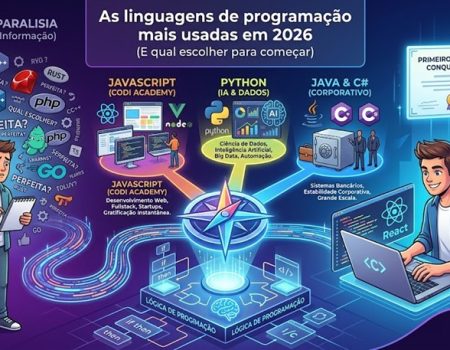 Infográfico ilustrando a escolha da primeira linguagem de programação. À esquerda, um estudante confuso cercado por várias linguagens (C++, Ruby, PHP). No centro, uma bússola brilhante apoiada na base sólida da "Lógica de Programação", que se divide em três caminhos de carreira: JavaScript (Foco Web e Fullstack da Codi Academy), Python (Ciência de Dados e IA) e Java/C# (Sistemas Corporativos). À direita, o estudante aparece programando feliz ao lado da mascote de IA Nexus, comemorando a conquista do seu primeiro emprego tech.