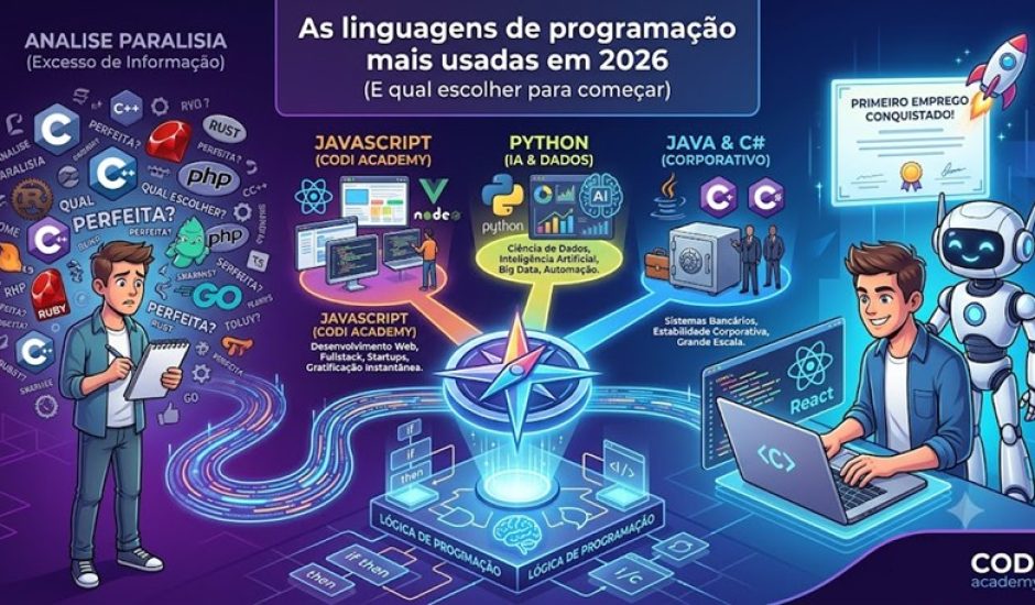 Infográfico ilustrando a escolha da primeira linguagem de programação. À esquerda, um estudante confuso cercado por várias linguagens (C++, Ruby, PHP). No centro, uma bússola brilhante apoiada na base sólida da "Lógica de Programação", que se divide em três caminhos de carreira: JavaScript (Foco Web e Fullstack da Codi Academy), Python (Ciência de Dados e IA) e Java/C# (Sistemas Corporativos). À direita, o estudante aparece programando feliz ao lado da mascote de IA Nexus, comemorando a conquista do seu primeiro emprego tech.
