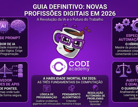 Infográfico da Codi Academy com fundo roxo detalhando as novas profissões digitais de 2026. No centro, o mascote educacional Nexus (uma caneca animada usando óculos roxos) acima do logotipo da Codi Academy. Ao redor, quatro quadros descrevem as carreiras: Engenheiro de Prompt, Especialista em Automação Inteligente, Desenvolvedor de Integrações de APIs e Auditor de Ética e Qualidade em IA. Na parte central inferior, destacam-se as três habilidades fundamentais da computação.