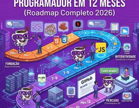 Mascote da Codi Academy guiando um estudante por um caminho ilustrado que representa um mapa de estudos de 12 meses para programação, passando por ícones de HTML, CSS, JavaScript, Banco de Dados, GitHub e IA. Texto em destaque: O que estudar para virar programador em 12 meses (Roadmap Completo 2026).