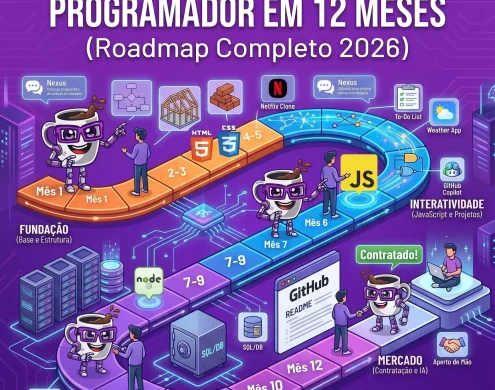 Mascote da Codi Academy guiando um estudante por um caminho ilustrado que representa um mapa de estudos de 12 meses para programação, passando por ícones de HTML, CSS, JavaScript, Banco de Dados, GitHub e IA. Texto em destaque: O que estudar para virar programador em 12 meses (Roadmap Completo 2026).