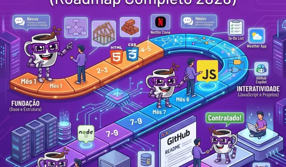 Mascote da Codi Academy guiando um estudante por um caminho ilustrado que representa um mapa de estudos de 12 meses para programação, passando por ícones de HTML, CSS, JavaScript, Banco de Dados, GitHub e IA. Texto em destaque: O que estudar para virar programador em 12 meses (Roadmap Completo 2026).